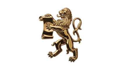 Isolated golden lion rampant holding scroll, heraldic crest emblem for sign, logo, or insignia