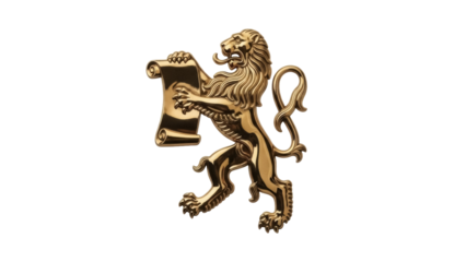 Isolated golden lion rampant holding scroll, heraldic crest emblem for sign, logo, or insignia