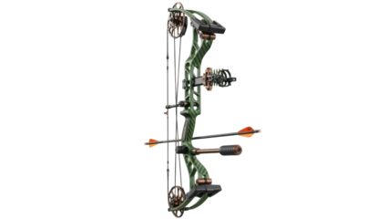 Isolated compound bow with arrow resting in string, ready to fire, precision archery gear