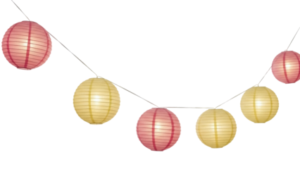 Isolated paper lanterns in pink and yellow, party decorations hanging on string, festive lights