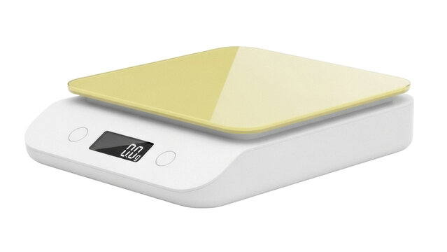 Isolated digital kitchen scale with a yellow top for food measurement and portion control