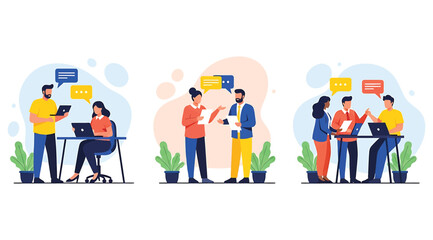 Illustration of three collaborative workplace scenes showing professionals discussing ideas with tablets, laptops, and speech bubbles in a modern, colorful environment emphasizing teamwork and communi