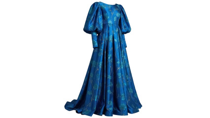 Fototapeta premium Isolated elegant long evening gown with balloon sleeves, blue floral print on fabric