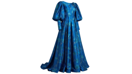 Isolated elegant long evening gown with balloon sleeves, blue floral print on fabric