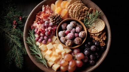 Close-up of a platter of cheese and crackers. the platter is made of dark brown ceramic and is placed on a dark wooden table.