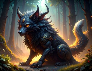 Fierce, horned, dark-furred wolf-like creature sits in an enchanted forest glowing with light