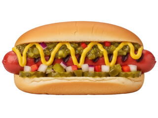 Isolated hot dog with mustard, relish, diced onions, tomatoes, and pickles, fast food