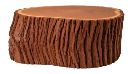 Isolated brown tree trunk section with rings, wooden coffee table, log furniture decor