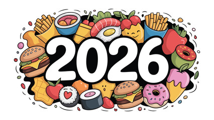 Culinary Dreams of 2026: An illustrated gathering of enticing food items, showcasing a variety of cuisines, are playfully arranged around the prominent year 2026.