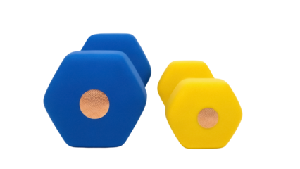 Isolated hexagonal solid shapes in blue and yellow with textured circle in center