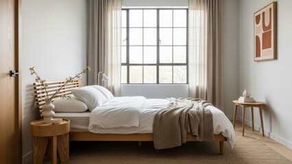 Obraz premium Minimalist Bedroom Interior Design with Natural Light and Neutral Tones