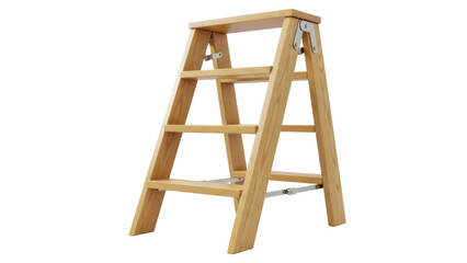 Isolated step stool ladder foldable in bright wood with hinged supports, work platform