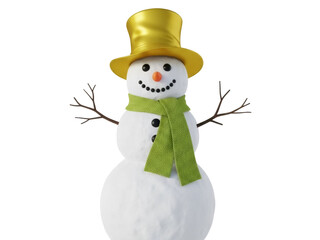 Isolated snowman wearing a green scarf and a yellow top hat, cute winter holiday season