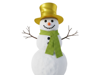 Isolated snowman wearing a green scarf and a yellow top hat, cute winter holiday season