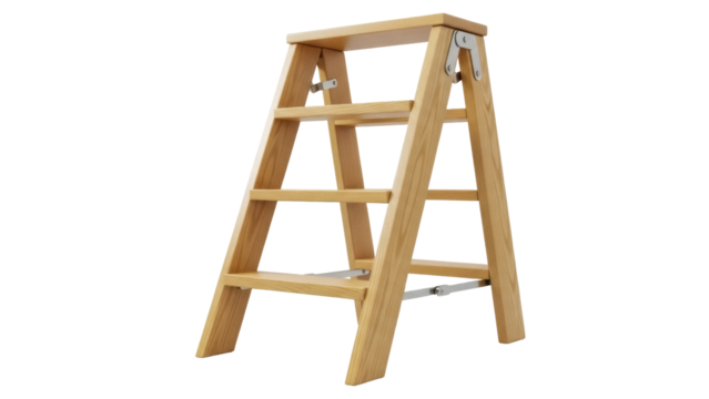 Isolated step stool ladder foldable in bright wood with hinged supports, work platform - Powered by Adobe