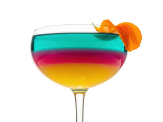 Isolated three-layer cocktail with vibrant colors, yellow, magenta, blue, with petal garnish