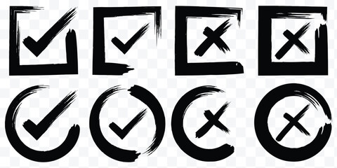 Check mark icons set. Green brush stroke check mark, tick symbols, checklist signs. Grunge brush stroke signs. Grunge checkmark design. Dirty grunge stroke checkmark sign vector illustration Handdrawn © Hike Studio 786
