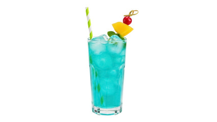 Isolated vibrant blue cocktail with ice, straw, fruit skewer, mint; refreshing drink
