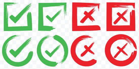 Check mark icons set. Green brush stroke check mark, tick symbols, checklist signs. Grunge brush stroke signs. Grunge checkmark design. Dirty grunge stroke checkmark sign vector illustration Handdrawn