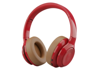 Isolated red headphones, audio listening device, wireless sound equipment for entertainment