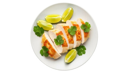 Isolated sliced grilled chicken breast with lime wedges and cilantro for healthy eating