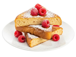 Isolated French toast with powdered sugar and raspberries for breakfast or brunch treat