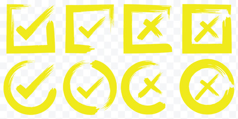 Green checkmark marker icon vector flat illustration design. Check mark grunge icon set. Hand drawn doodle checkmark and cross icons set checklist marks in box and circle grunge brush style vector eps