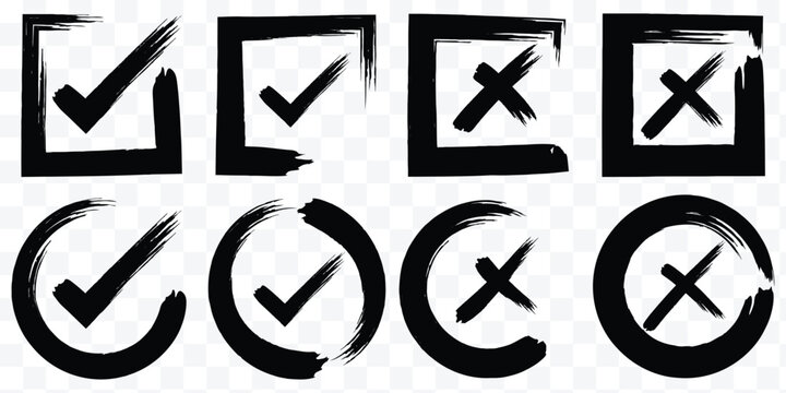 Check mark icons set. Green brush stroke check mark, tick symbols, checklist signs. Grunge brush stroke signs. Grunge checkmark design. Dirty grunge stroke checkmark sign vector illustration Handdrawn