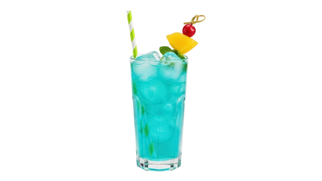 Isolated vibrant blue cocktail with ice, straw, fruit skewer, mint; refreshing drink - Powered by Adobe