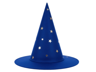 Isolated wizard hat with gold stars, blue pointed conical hat, magic school attire, costume accessory