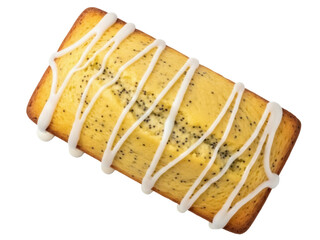 Isolated lemon poppy seed loaf with glaze drizzle, baked dessert with icing, rich treat
