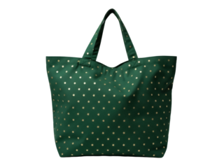 Isolated tote bag is green with metallic gold stars for carrying groceries and shopping
