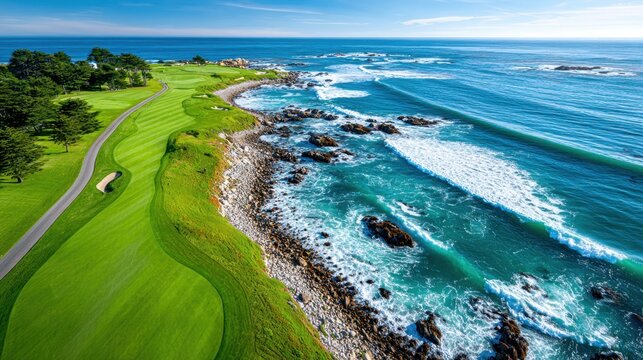 Scenic aerial view of golf course along the California coast, featuring green fairways, ocean waves, and rocky shoreline, a beautiful outdoor landscape.