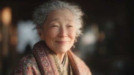 Portrait of an elderly asian woman with white curly hair. she is smiling and looking directly at the camera.