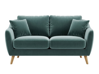 Isolated turquoise two seat sofa, stylish comfortable couch, soft cushions, furniture