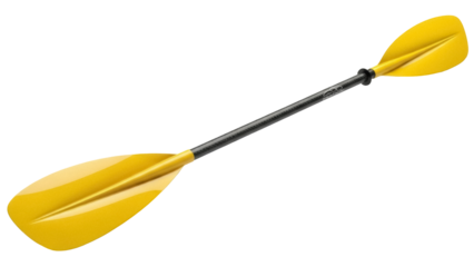 Isolated kayak paddle on a plain surface, yellow blades and a black carbon shaft, equipment