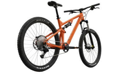 Isolated orange dual suspension mountain bicycle facing left, sport equipment on no background