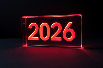 Glowing red neon numbers 2026 illuminated in a dark setting