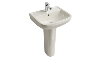 Isolated pedestal sink with chrome faucet fixture in new bathroom or toilet room interior