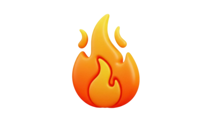 Isolated vibrant orange fire graphic, cartoon flame icon for social media, digital design