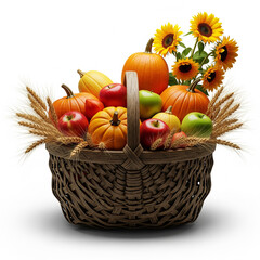Abundant Harvest Basket Filled with Pumpkins, Apples, and Sunflowers, Evoking Autumnal Bounty