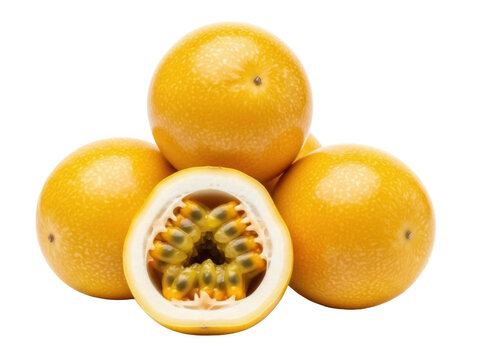 Isolated grenadia fruit pile, tropical fruit, granadilla with seeds, juicy and tasty fresh cut