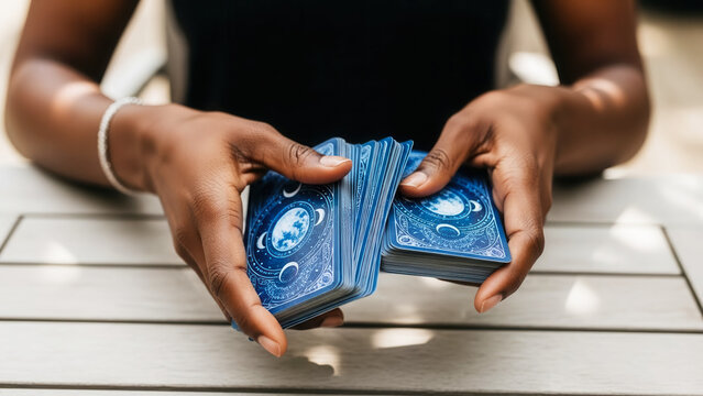 Hands shuffling tarot deck on outdoor table, divination practice and spiritual guidance