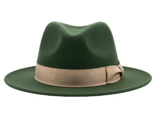 Isolated green felt fedora with tan ribbon, vintage headwear fashion style for adults unisex