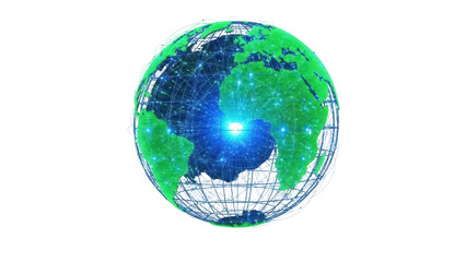Isolated global connection network globe, green continents, blue oceans, global communications