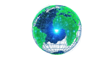 Isolated global connection network globe, green continents, blue oceans, global communications