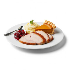 Traditional holiday feast on a plate roasted turkey, mashed potatoes, cranberry sauce, and pumpkin pie, evoking a heartwarming Thanksgiving dinner experience, perfect for festive celebrations
