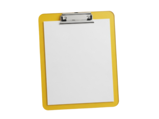 Isolated yellow clipboard with blank paper ready for notes, work memo or document sign off