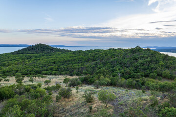 Landscape with mountains and lake, view of Lake Balaton in Hungary