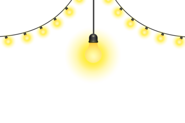 Bright glowing light bulb icon with a decorative string of illuminated yellow lamps, symbolizing innovation, ideas, celebration, and energy. perfect for festive and creative designs.